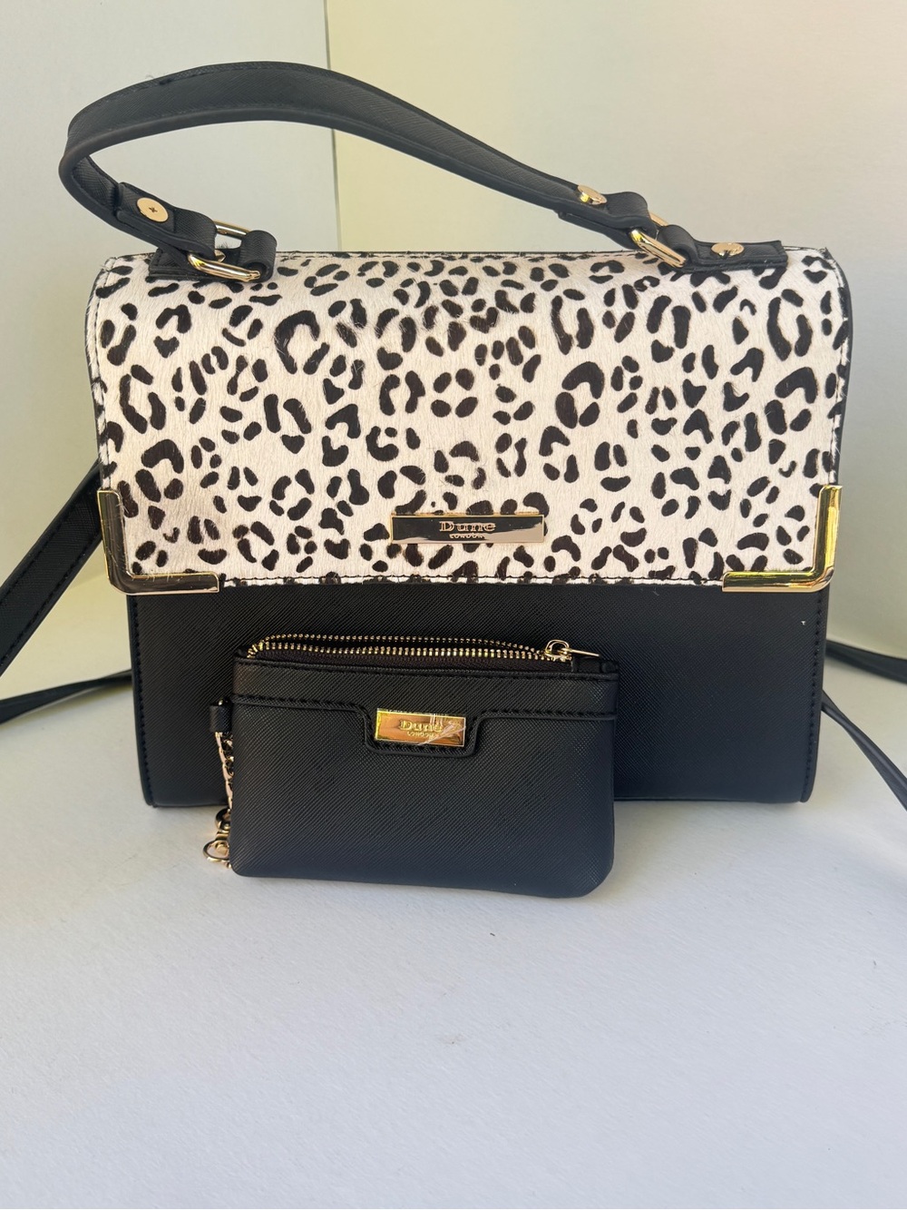 Dune London White Leopard Print Calf Hair Leather Top Handle Crossbody Bag purse